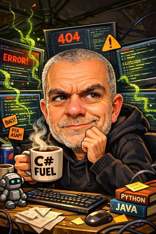 Cartoon of Karl Starnes, CarpForum's owner, at a desk surrounded by monitors showing error messages, holding a mug that says C# Fuel